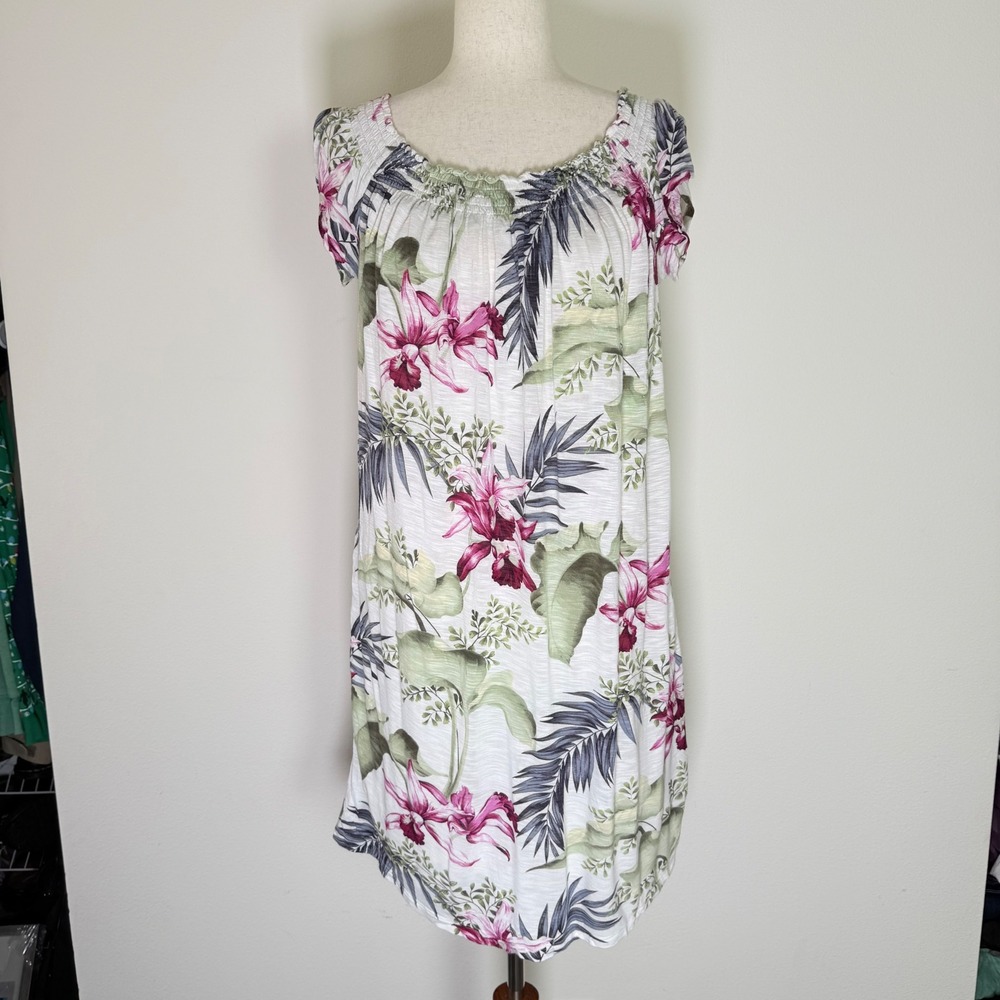 Tommy Bahama Dress Womens Medium White Floral Tropical‎ Smocked Rayon Shift
